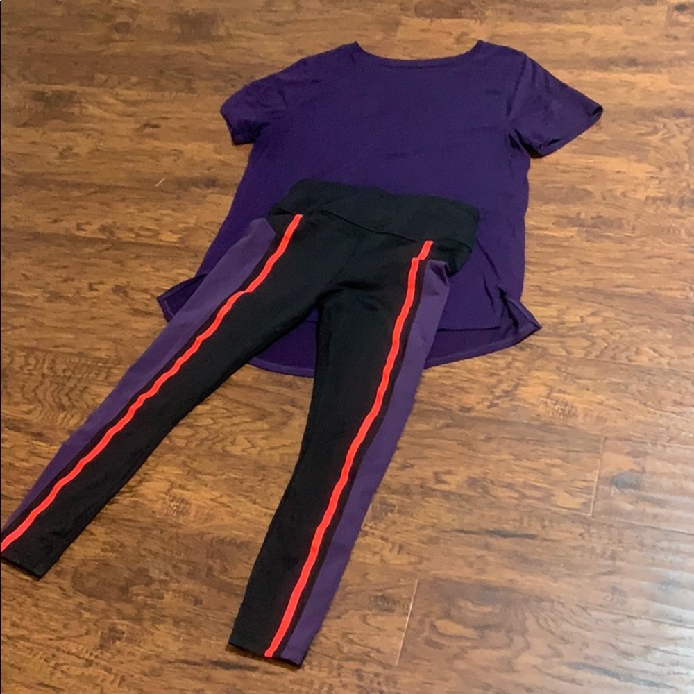 Purple workout outfit.